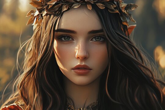Elf princess wearing golden crown posing in fantasy forest