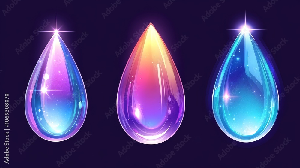 Poster shimmering multicolored droplets of glowing liquid in a futuristic and abstract design representing 