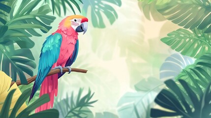 Vibrant macaw parrot perched on a branch amidst lush tropical foliage for travel agency advertising concepts