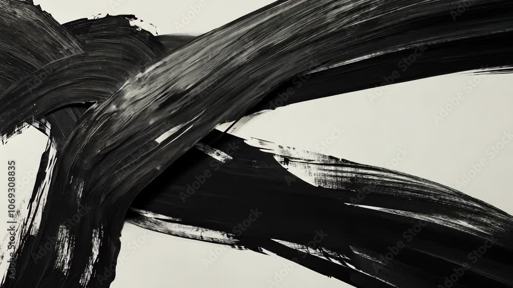 Poster black brushstrokes on a white canvas create abstract shapes and patterns, creating a sense of moveme