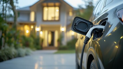 Naklejka premium An electric car charges at the driveway of a modern home, symbolizing sustainable living and eco-friendly technology in a residential setting.