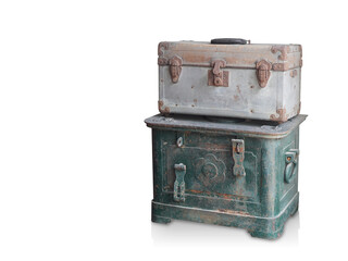 antique old brown and silver zinc chest on green steel chest on white background, object, decor, fashion, ancient, copy space