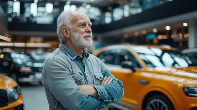 An elderly man stands confidently in a modern showroom surrounded by various cars, showcasing a sense of achievement and satisfaction.
