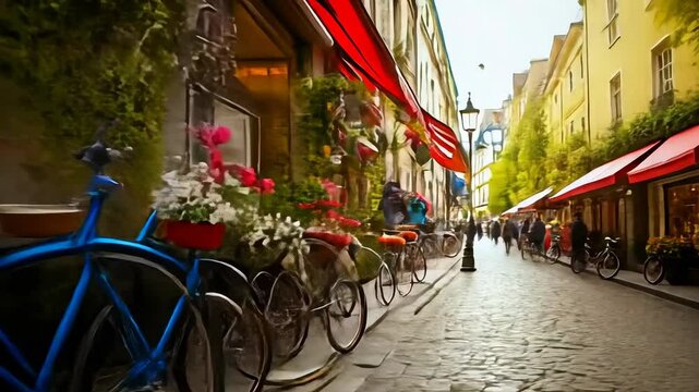 Bicycles adorned with flower baskets line a cobbled city street, conveying a sense of urban tranquility and European charm. Pedestrian-friendly area enhances the appeal, reflecting a serene afternoon