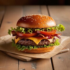 "Juicy Homemade Beef Burger with Fresh Vegetables and Crispy Bacon on a Bun"