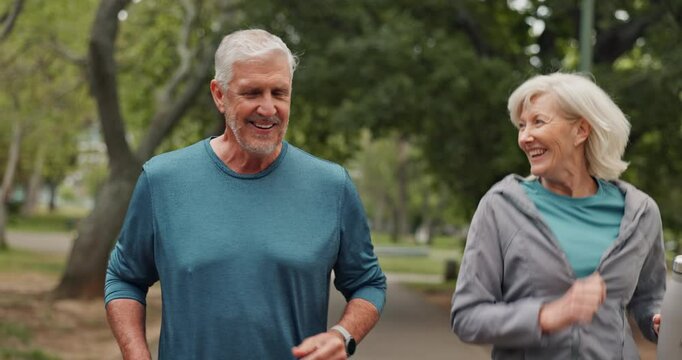 Nature, running and senior couple with fitness for race, marathon or challenge time training. Happy, sports and mature man and woman with cardio workout or exercise for health outdoor in park.