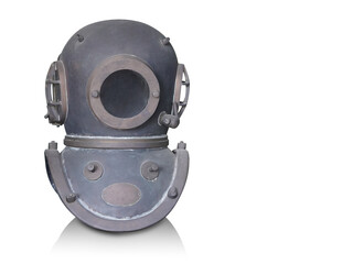 Obraz premium antique steel and copper and mirror diving helmet on white background, object, decor, fashion, safety, copy space