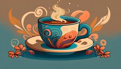 Obraz premium illustrated coffee cup in retro 1960s style with swirling steam, cozy and warm vibe perfect for cafe decor