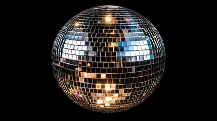 Close-Up of Classic Disco Ball with Reflective Mirror Tiles on Black Background for Party and Event Decor
