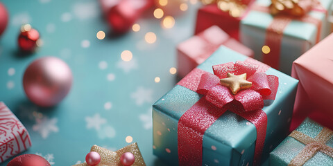 Fototapeta premium Delightful Christmas gifts surrounded by shimmering decorations and lights