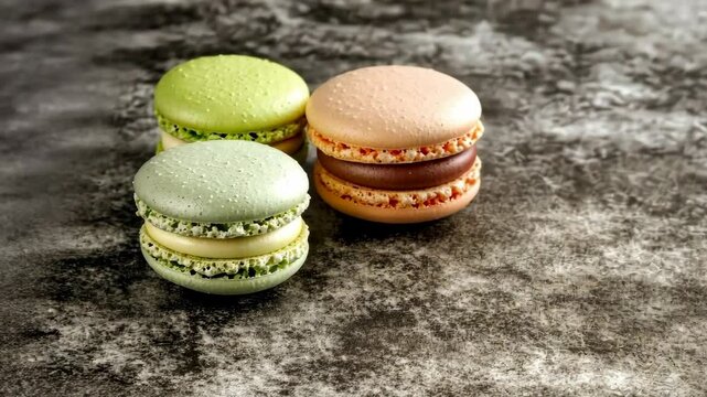 Three colorful macarons sit on a gray countertop, ready to be enjoyed
