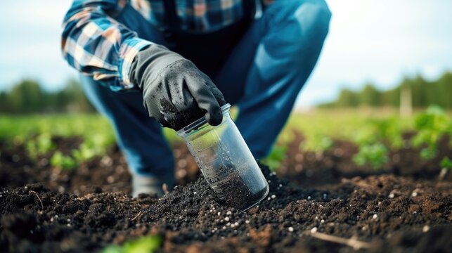 Laboratory worker analyzing soil samples in field for agricultural research and environmental science