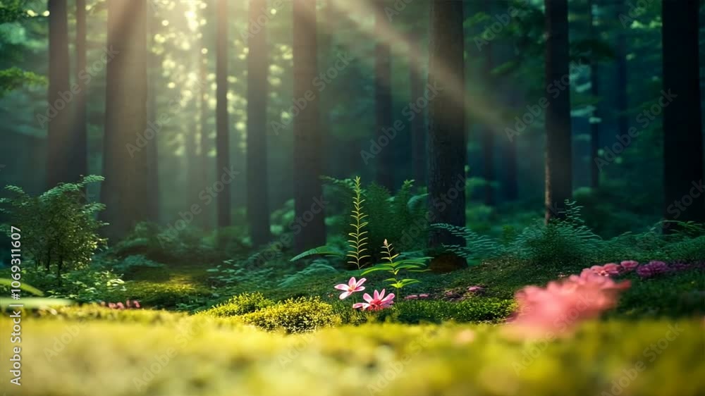 Poster sunlit forest path: magical forest scene with sun rays filtering through lush trees, illuminating a 
