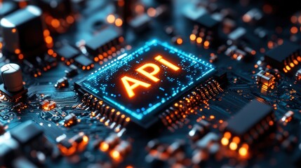 Fototapeta premium Close-up view with the acronym API displayed on a microchip, representing the concept of Application Programming Interface