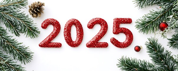 Festive 2025 decoration with red glitter numbers and evergreen foliage against a white background.