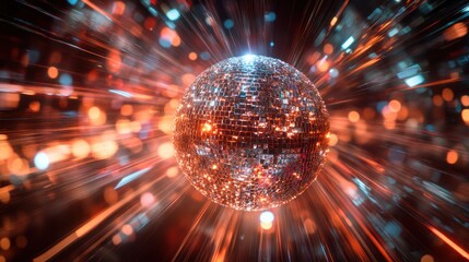 Glittering Disco Ball with Vibrant Red and Blue Light Trails for a Dynamic Party Ambiance