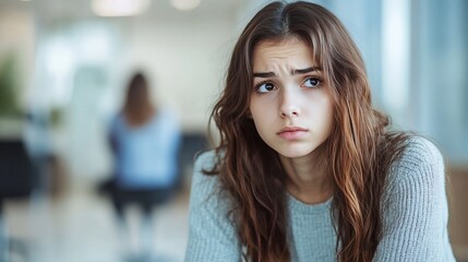 Young woman sitting with a thoughtful expression, looking away from the camera.