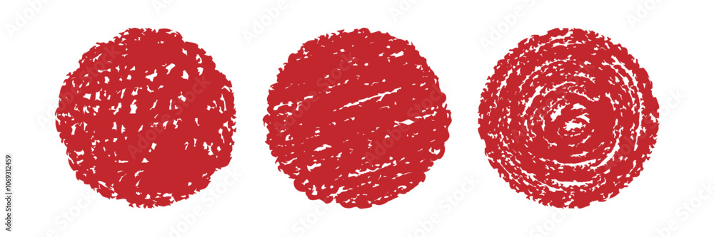 Poster red circle textured stamp set. round crayon chalk vector shape isolated on white. collection of grun