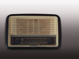 front view small antique wooden chocolate and cream radio on gradient chocolate and white color background, object, decor, fashion, copy space