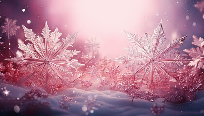 Snowflakes on pink background, macro image. Christmas and winter abstract background.