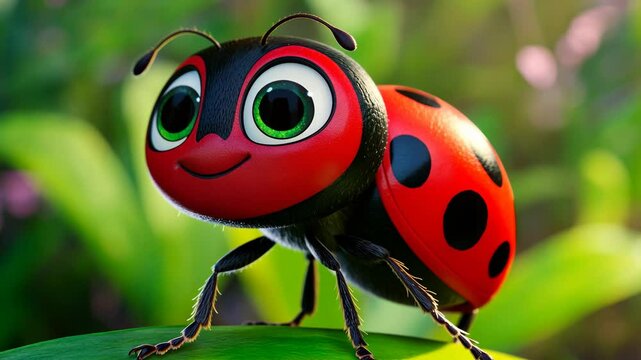 A cute, cartoon ladybug with big, green eyes sits on a green leaf
