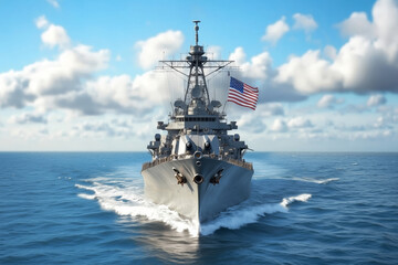 American naval ship cruising in open waters on Memorial Day celebration
