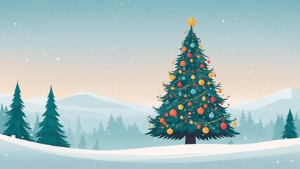 Fototapeta premium Minimalist Christmas card flat design featuring a big Christmas tree adorned with colorful ornaments and Copy Space