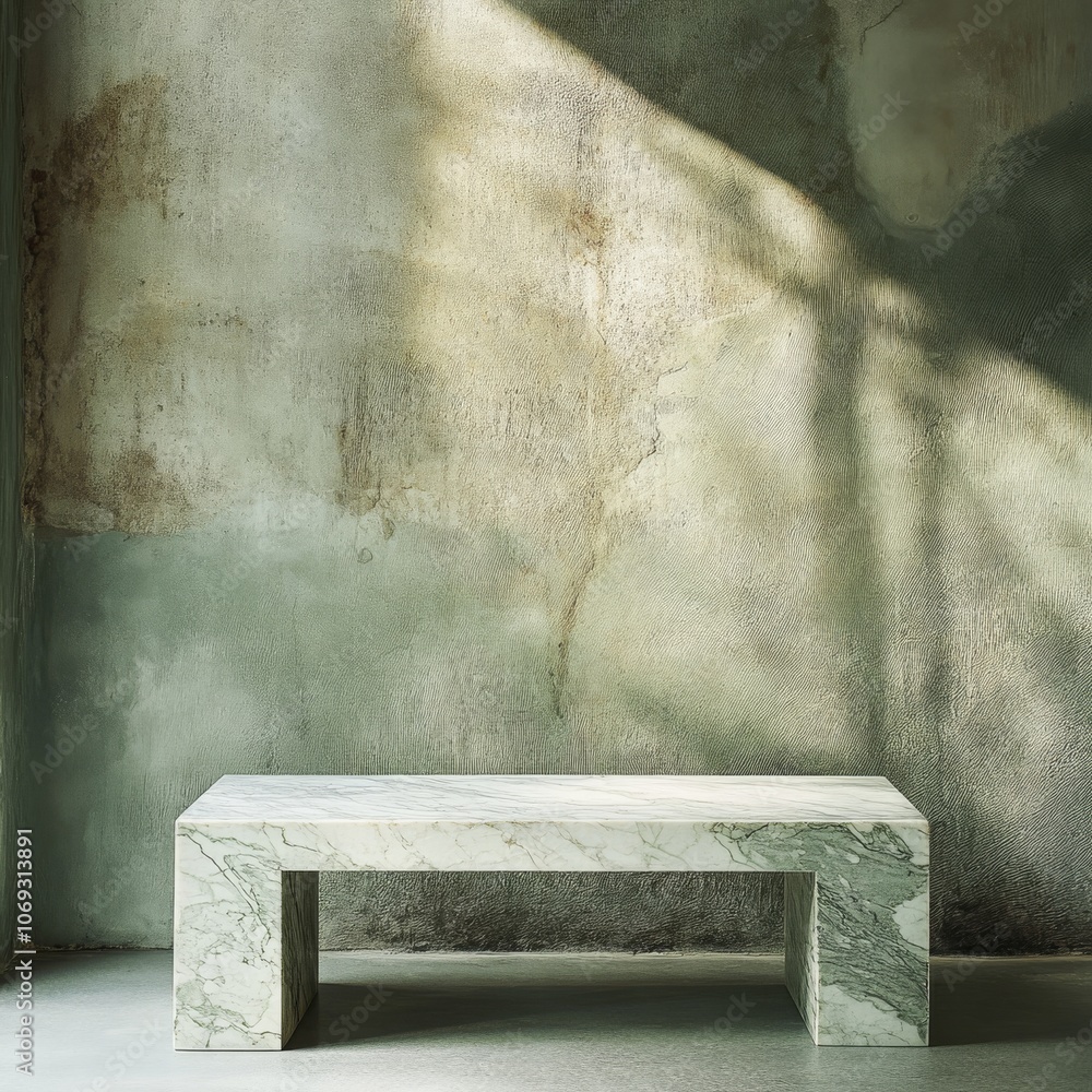 Aufkleber A simple marble table sits in front of a rough, concrete wall. Soft green light shines from above, creating a rustic and stylish backdrop for a product.