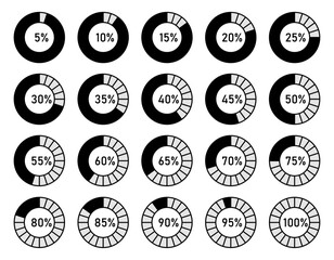 Upload circle counting in step of 5% to 100%. Loading indicator. Progress bar. Set of circle percentage diagrams for infographic. Circle loading progress set. Vector illustration.