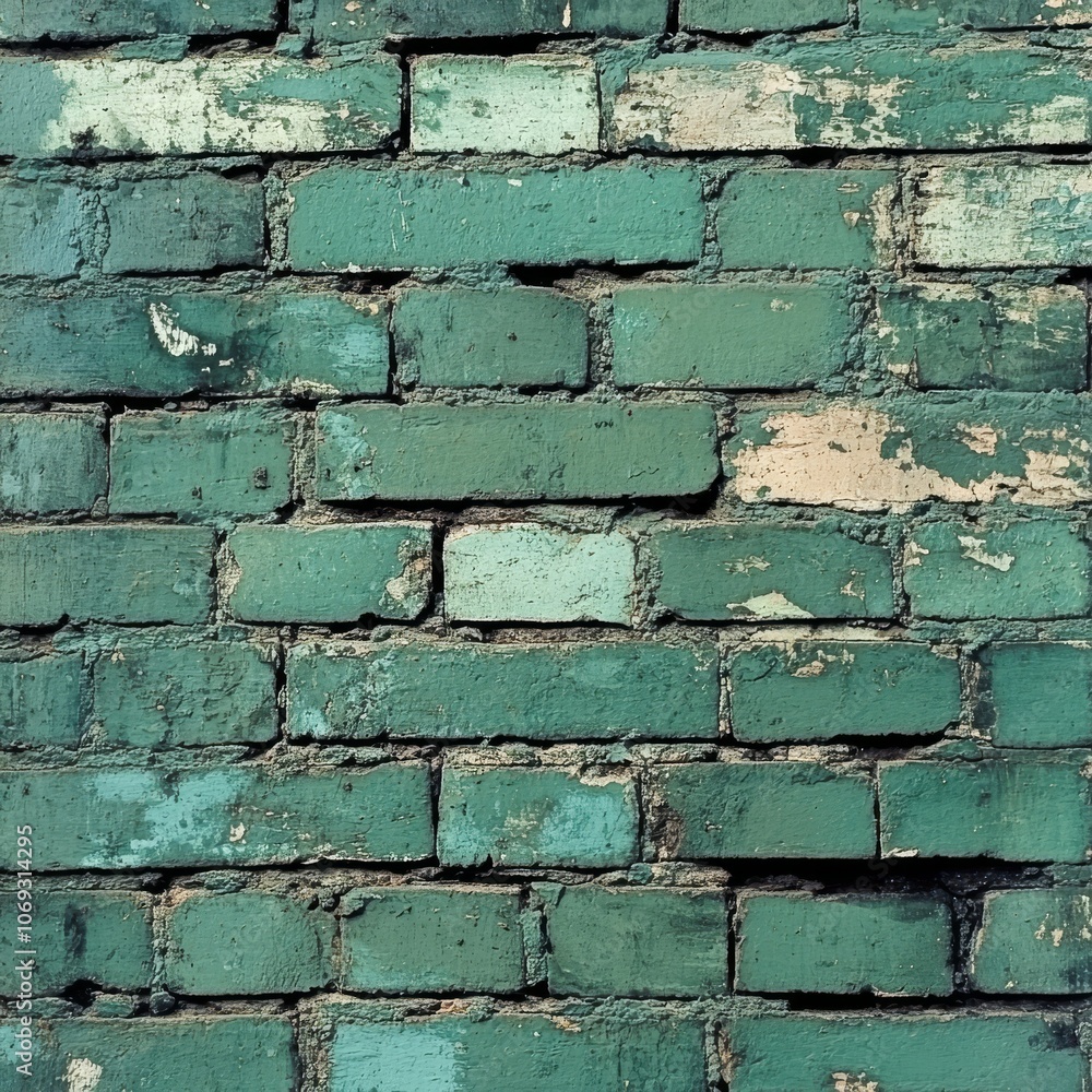 Poster A weathered, dark green brick wall from an old building. The rough texture of the bricks creates an abstract pattern. This green wall with empty space is perfect for adding your own design.