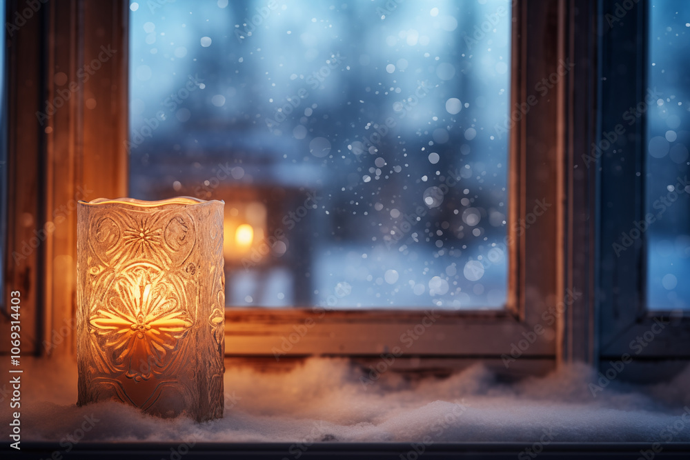 Poster a glowing candle in a winter setting, illuminating a snowy window scene with soft bokeh. perfect for