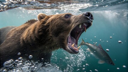 Obraz premium Underwater close-up of a bear lunging for fish with open mouth and bubbles