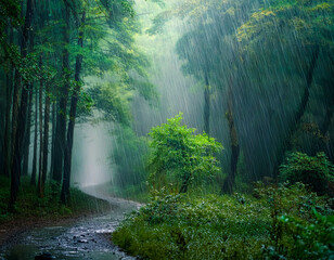 Obraz premium An abundant torrential rain in the forest