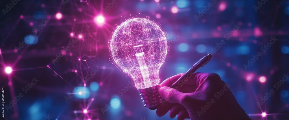 Poster digital technology background with a digital light bulb, representing innovation and business concep