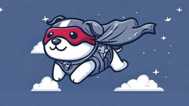 A cartoon dog wearing a red mask and a cape flies through the night sky