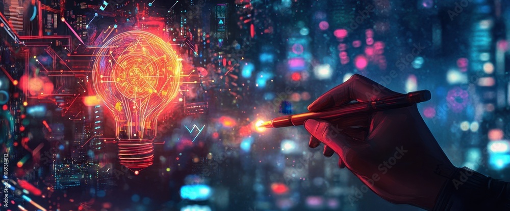 Poster a digital illustration of an ai system logo with a holographic light bulb and circuit patterns, set 