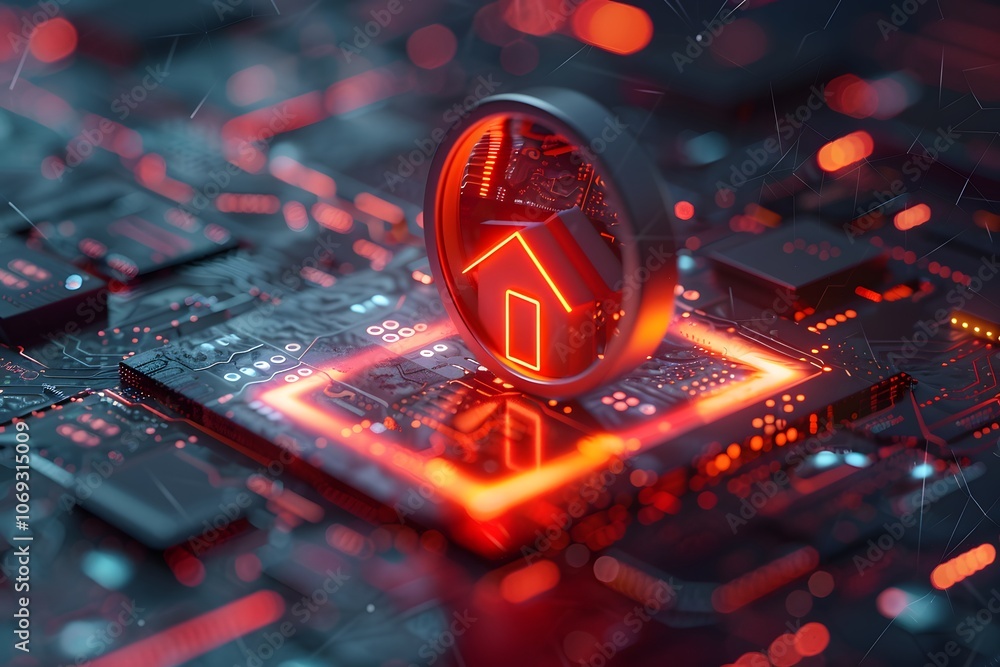Poster digital home concept on circuit board with red glow