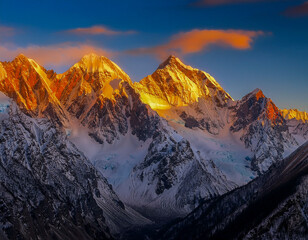Fototapeta premium High rocky mountains covered with snow with colored peaks in the sunset sunlight
