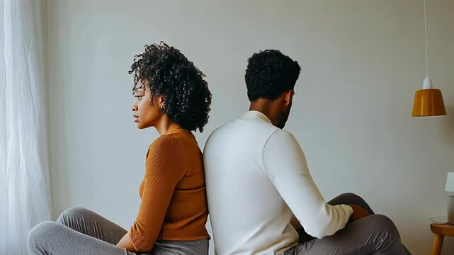 A young Black couple sits back-to-back, displaying tension. They are in a neutrally colored room, suggesting a subdued mood. The woman wears an orange top; the man in white; the scene symbolizes