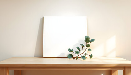 White canvas mockup with an eucalyptus on the beige table isolated with white highlights, png
