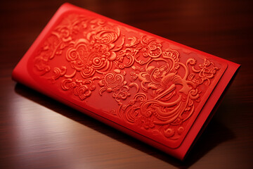 A beautifully crafted red wallet with intricate floral designs resting on a smooth wooden surface. Perfect for showcasing luxury accessories and fashion items.