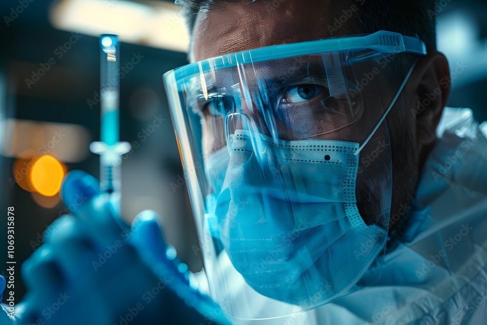 Poster focused scientist preparing a vaccine in a laboratory setting