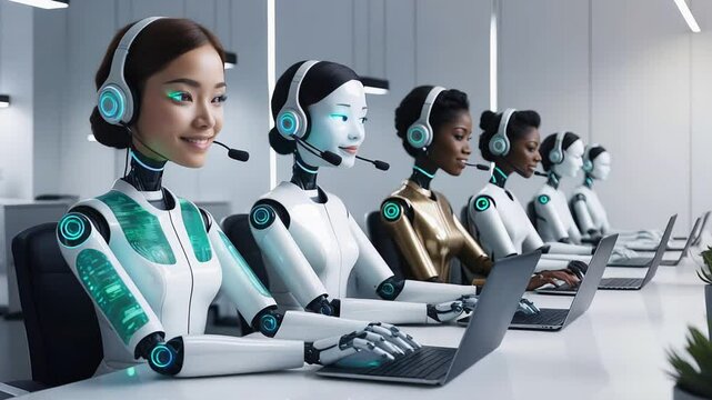 Futuristic Call Center with AI Robots Providing Customer Support