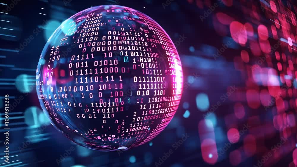 Aufkleber a glowing sphere covered in binary code floats against a dark background with bright pink and blue l