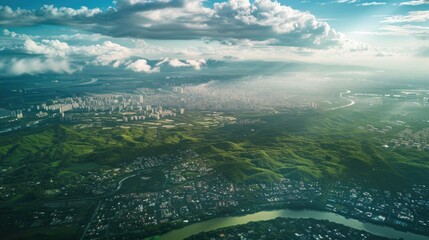 Aerial view of urban sprawl and nature contrast in expanding cityscape