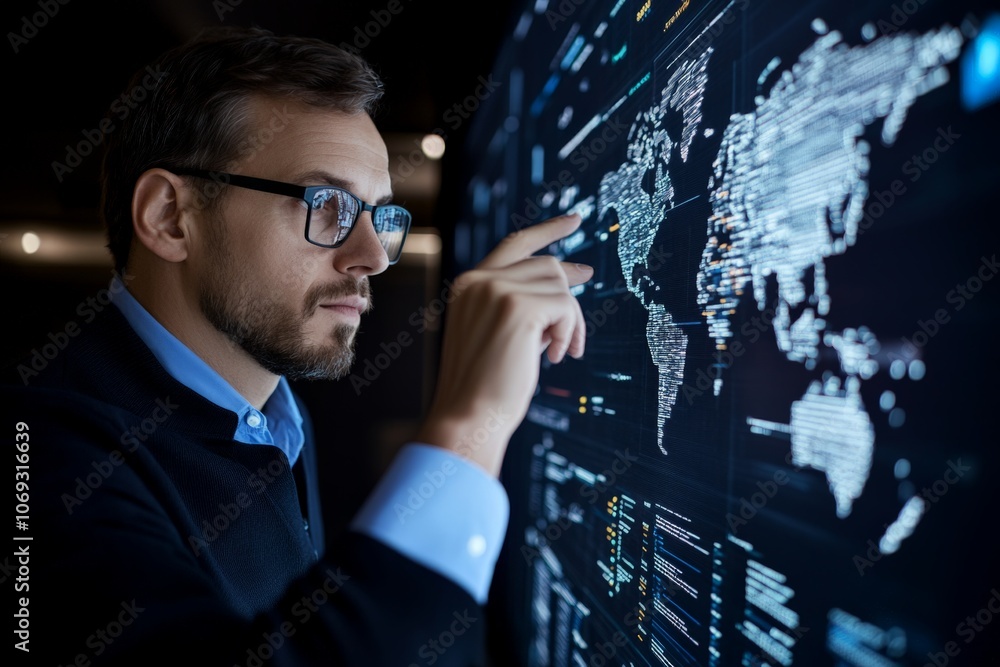 Poster a focused individual examines a world map on a digital interface with data visualizations, symbolizi