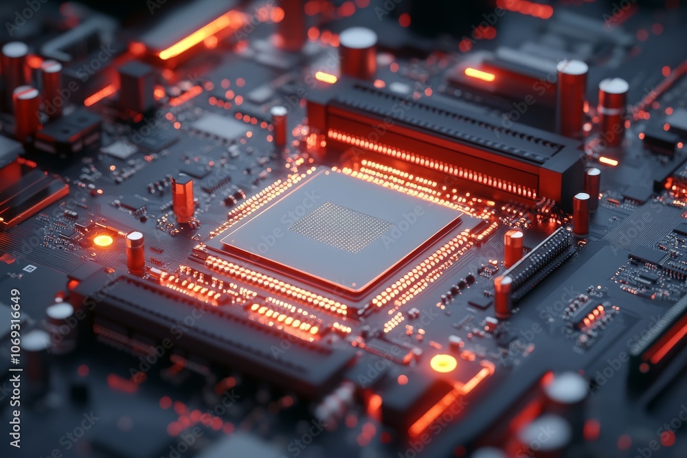 Poster a close-up of a glowing microchip on a circuit board, highlighting the intricate design and advanced