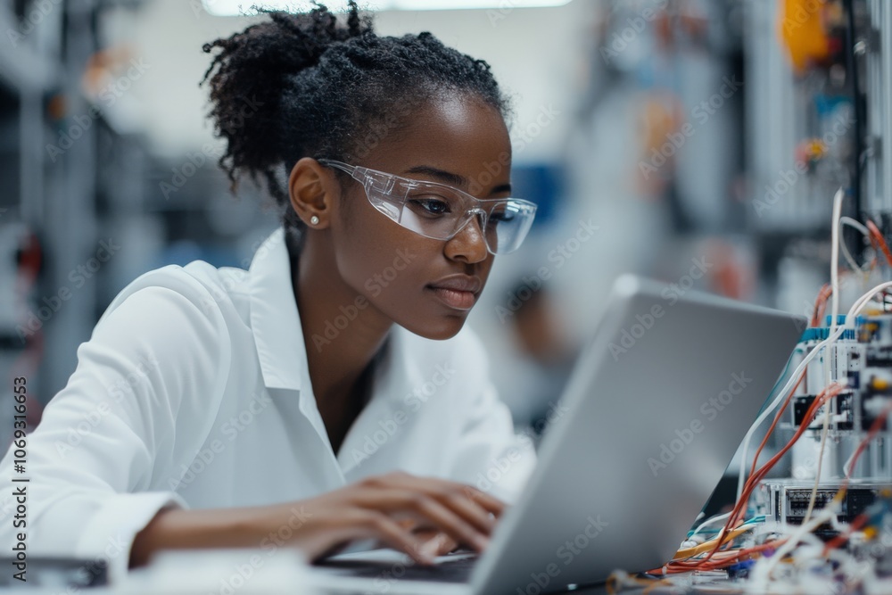 Aufkleber an engineer focused on a laptop while surrounded by various technological elements, symbolizing inno