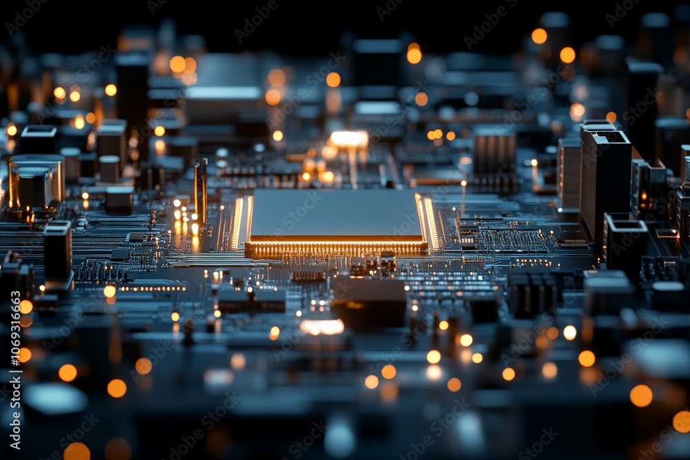Poster a close-up view of a circuit board featuring a central microchip illuminated by glowing elements, re