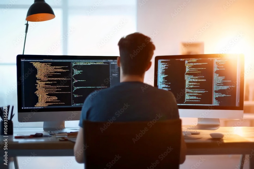 Poster an individual engrossed in programming with two screens displaying code in a bright office, highligh